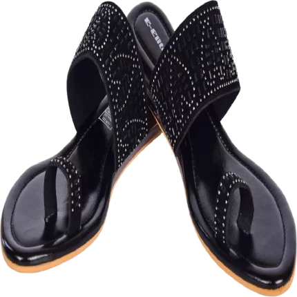 Elite Women's Black Velvet Slip-On Flats with Toe Ring & Embellished Detailing L129225