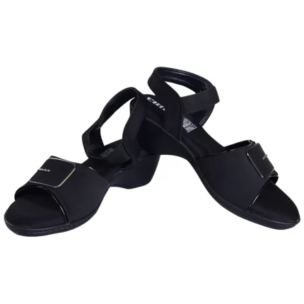 Elite Women’s Black Low‑Wedge Sandals – Stretch Straps, Branded Toe Detail, Everyday & Occasion Wear