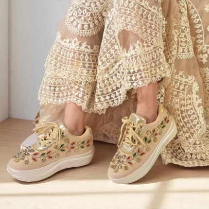 Elite Women’s Beige Embellished Shoes | Designer Ethnic Partywear Sneakers with Stone & Bead Work L325953