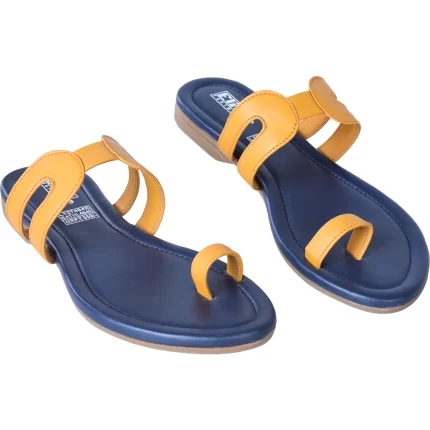 Elite Women Yellow Flat Sandal — Navy Footbed with Mustard Yellow Straps L127464E