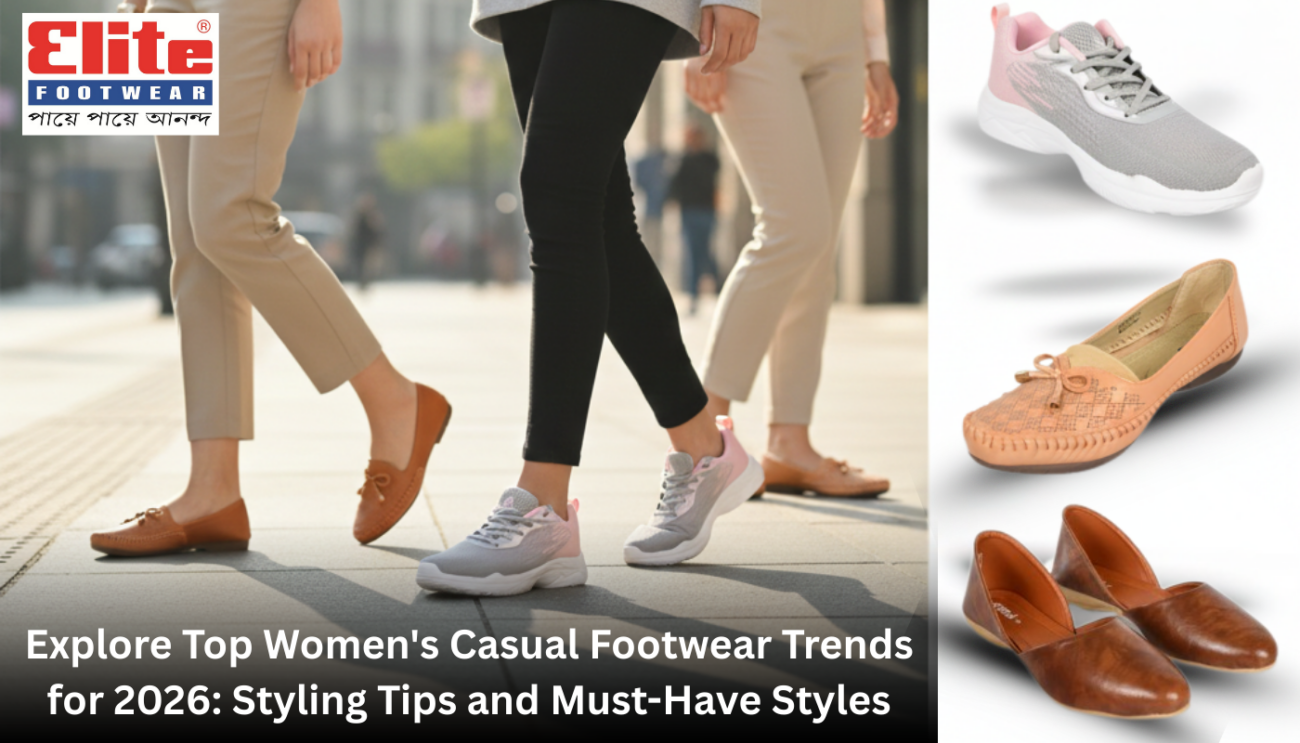 A montage of women wearing casual footwear trends, including grey and pink sneakers, peach patterned bellies, and brown leather flats.