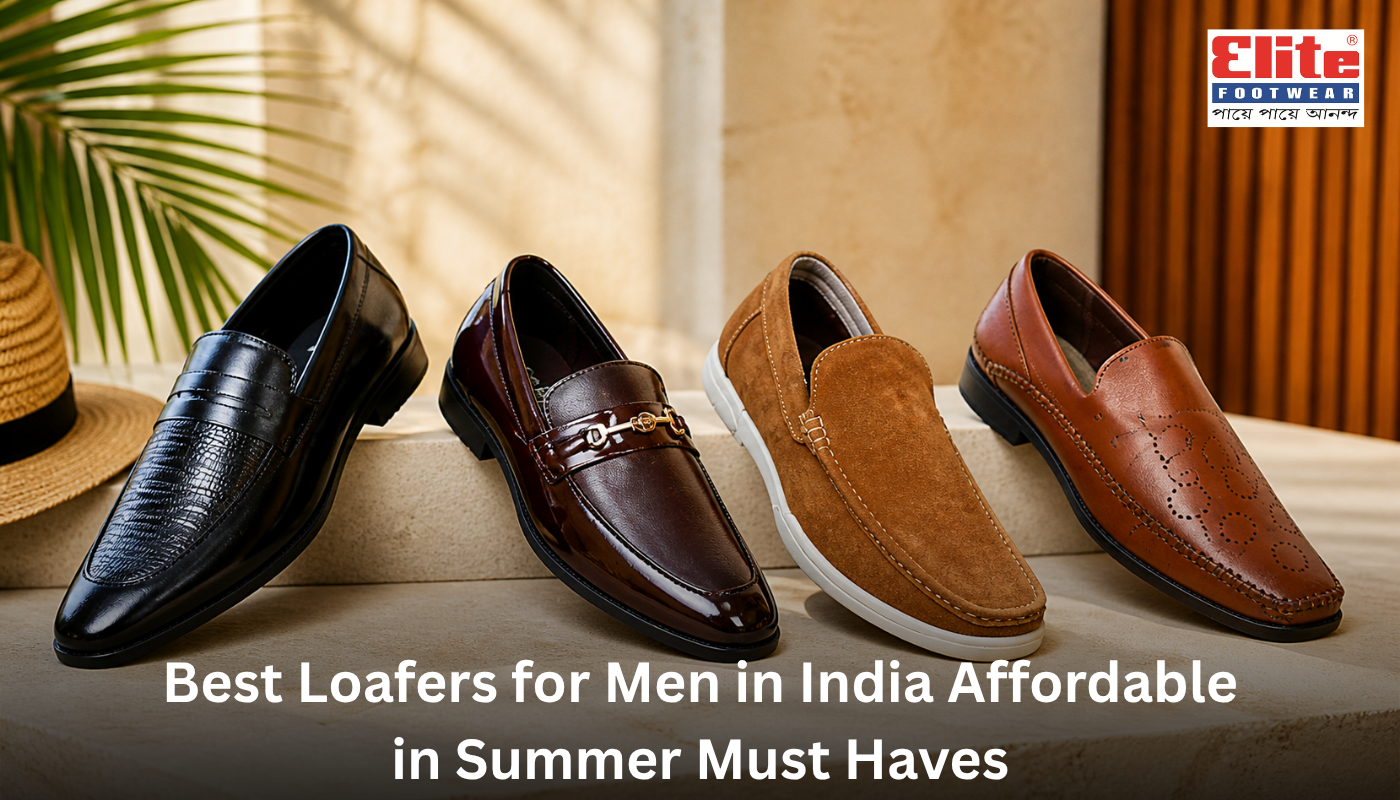 A collection of the best loafers for men in India by Elite Footwear, featuring black patent leather, mahogany bit loafers, tan suede, and textured brown slip-ons displayed on a stone ledge.