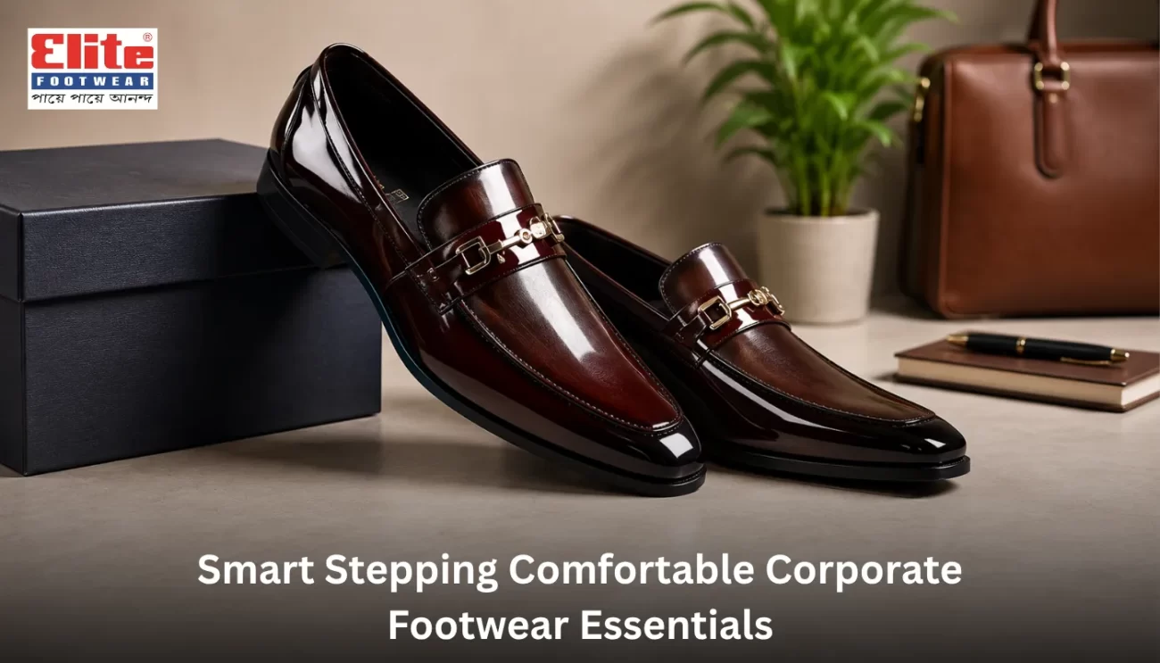 Premium glossy deep brown leather loafers with a gold metal buckle detail resting against a black box, featuring text overlay Smart Stepping Comfortable Corporate Footwear Essentials.