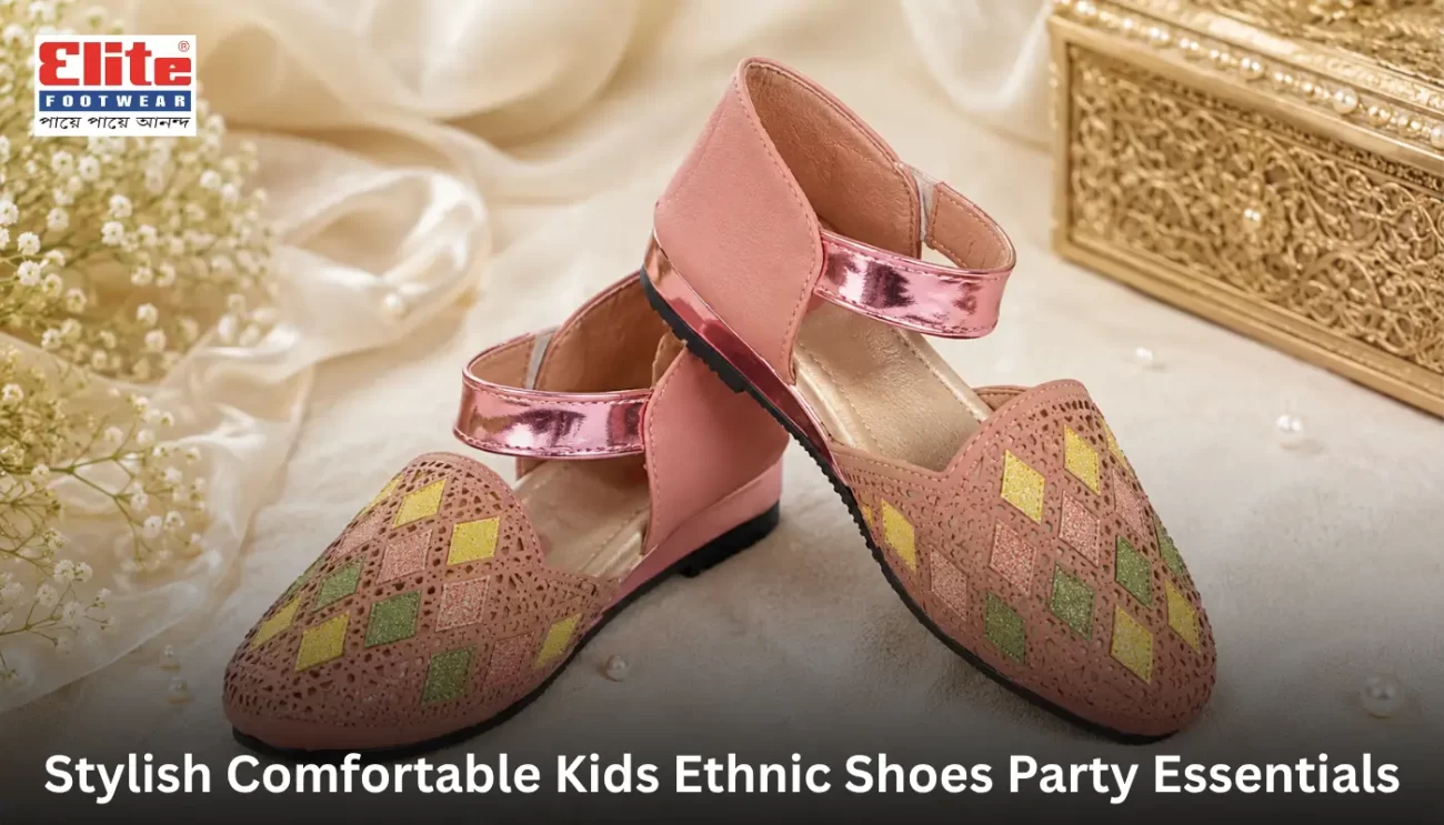 Elegant peach-pink ethnic shoes for girls featuring diamond-patterned glitter cut-outs and a shiny pink ankle strap, displaying text overlay "Stylish Comfortable Kids Ethnic Shoes Party Essentials.