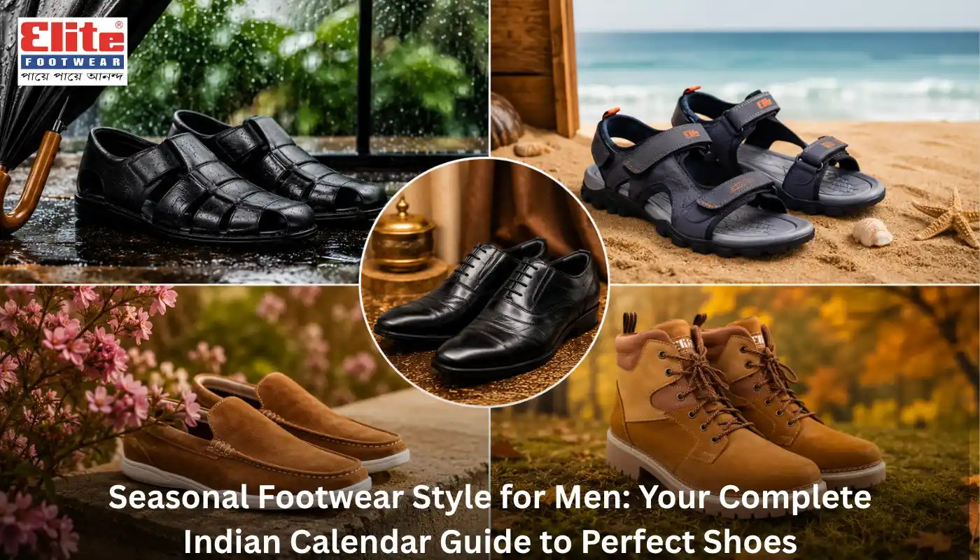 A comprehensive seasonal footwear style for men banner featuring black formal shoes, casual sandals on the beach, suede loafers, and winter boots.