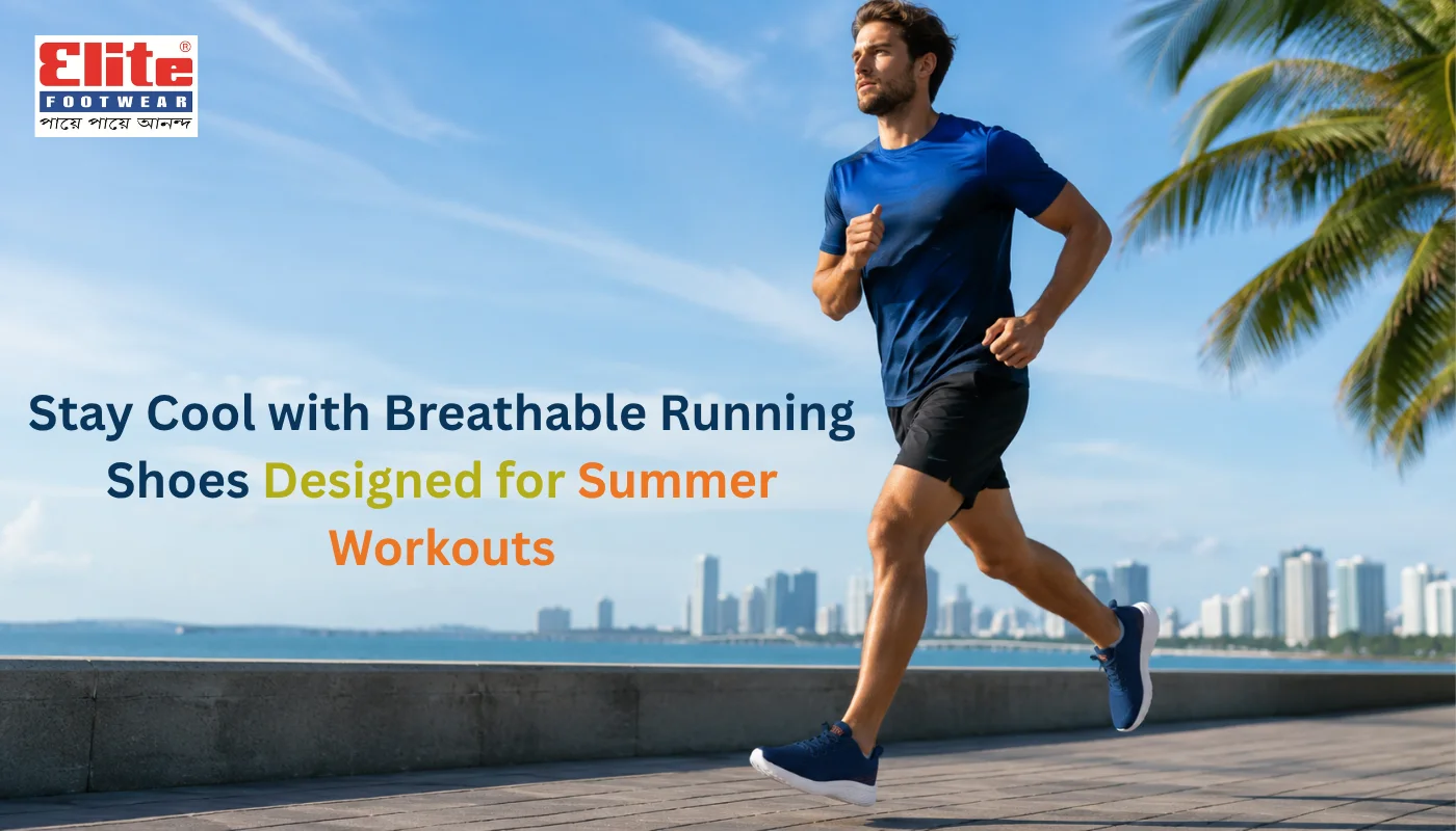 A man running along a beach boardwalk wearing Elite breathable running shoes for summer workouts.