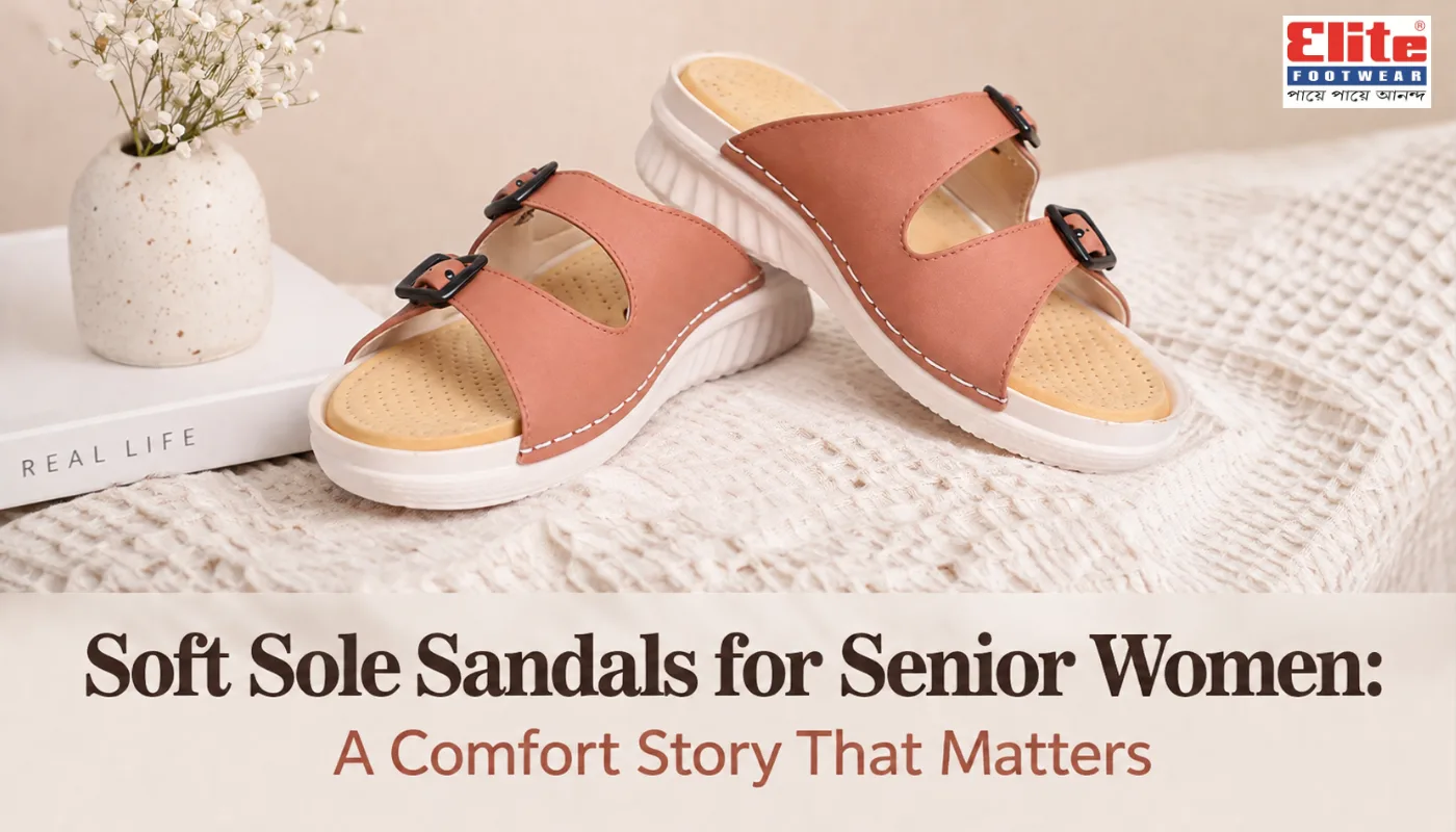 Pinkish brown dual-strap buckled soft sole sandals for senior women displayed elegantly on a white textured fabric next to a flower vase.