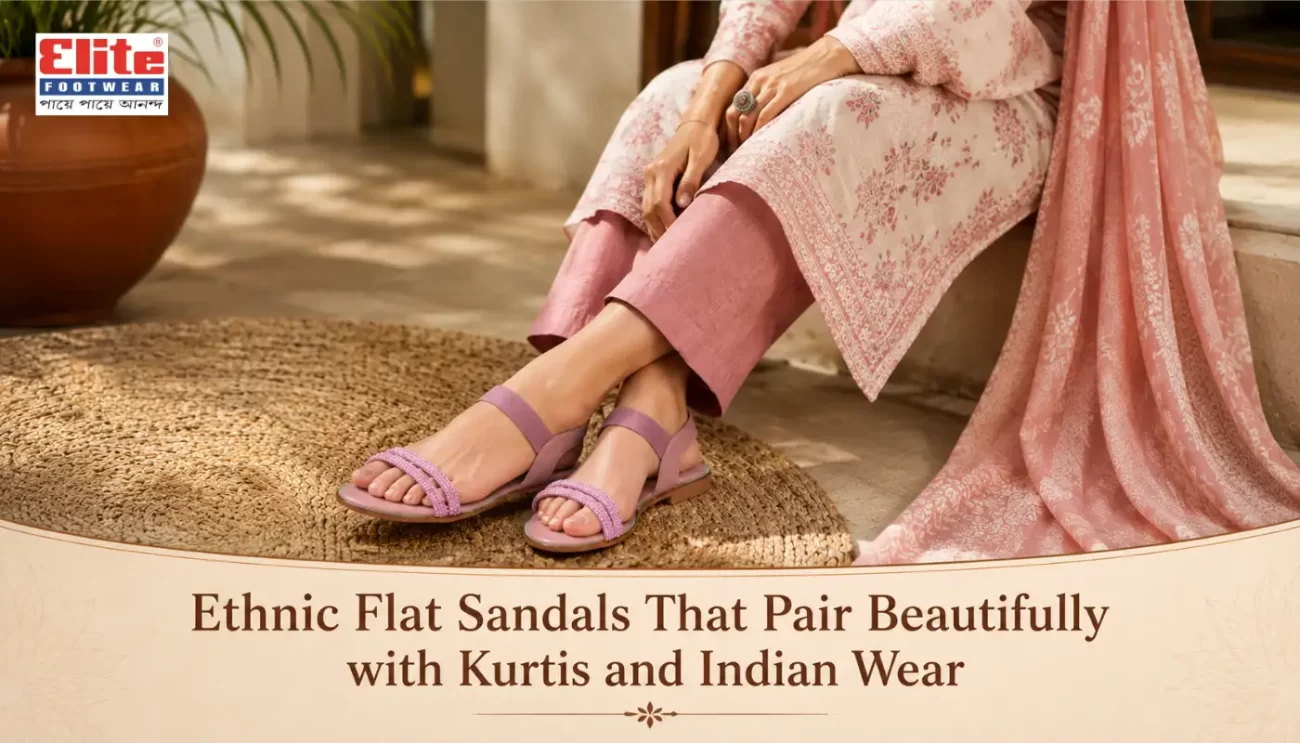 Woman wearing mauve pink ethnic flat sandals with embellished straps paired with a printed pink kurti suit set.