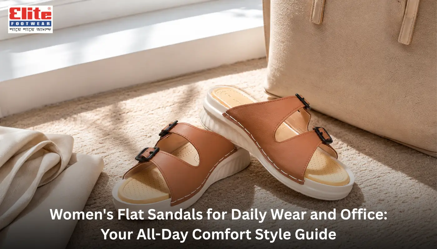 Comfortable tan double-strap women's flat sandals for daily wear with thick white cushioned soles.