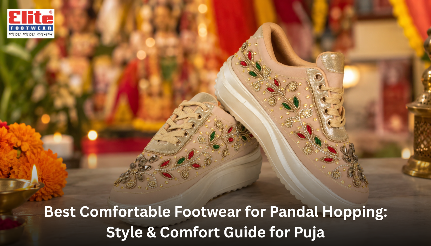 Beige embellished chunky platform sneakers displayed as the best comfortable footwear for long hours of pandal hopping.